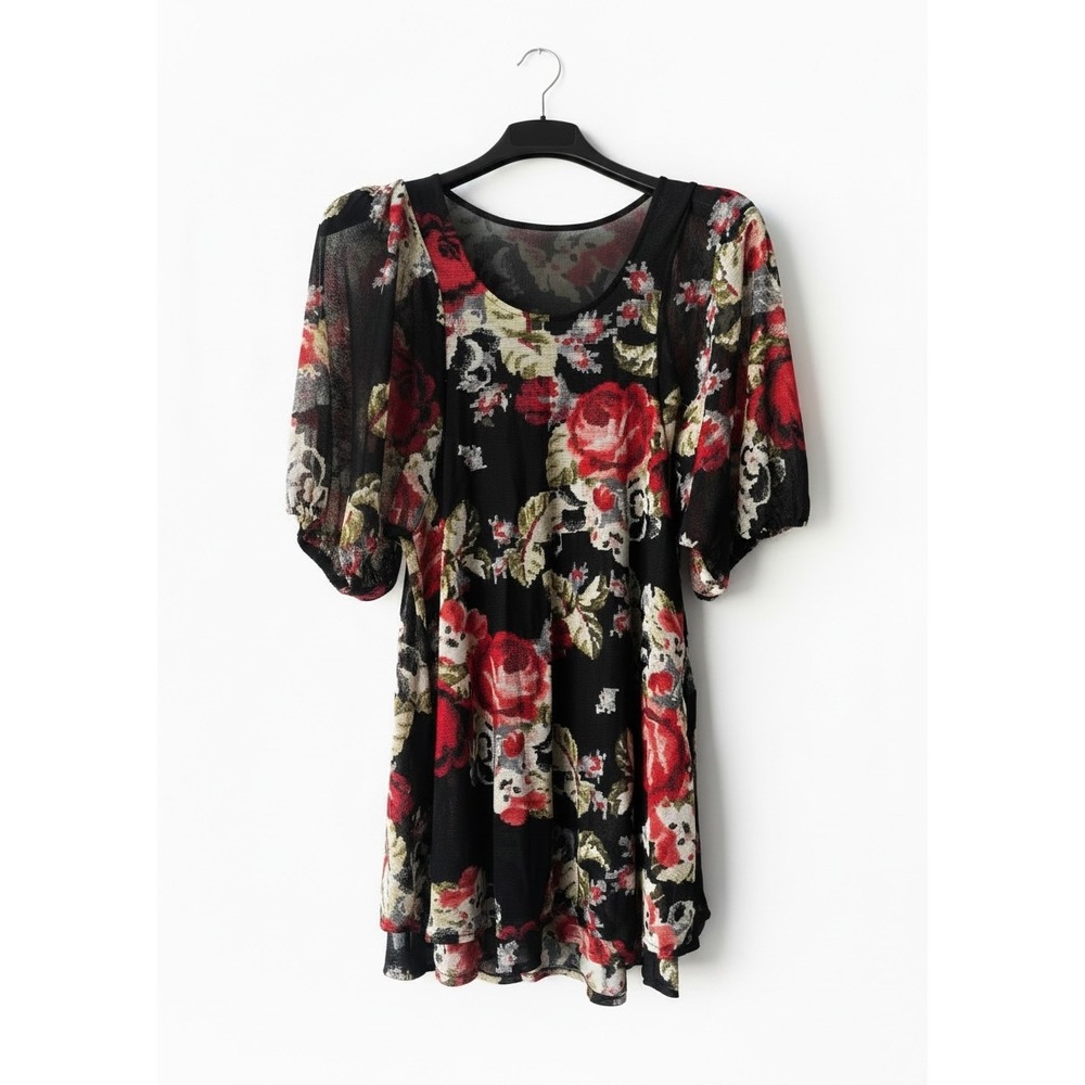 Floral Micro Mini Red Black Rose Print Dress Sheer Puff Sleeve Size Medium‎